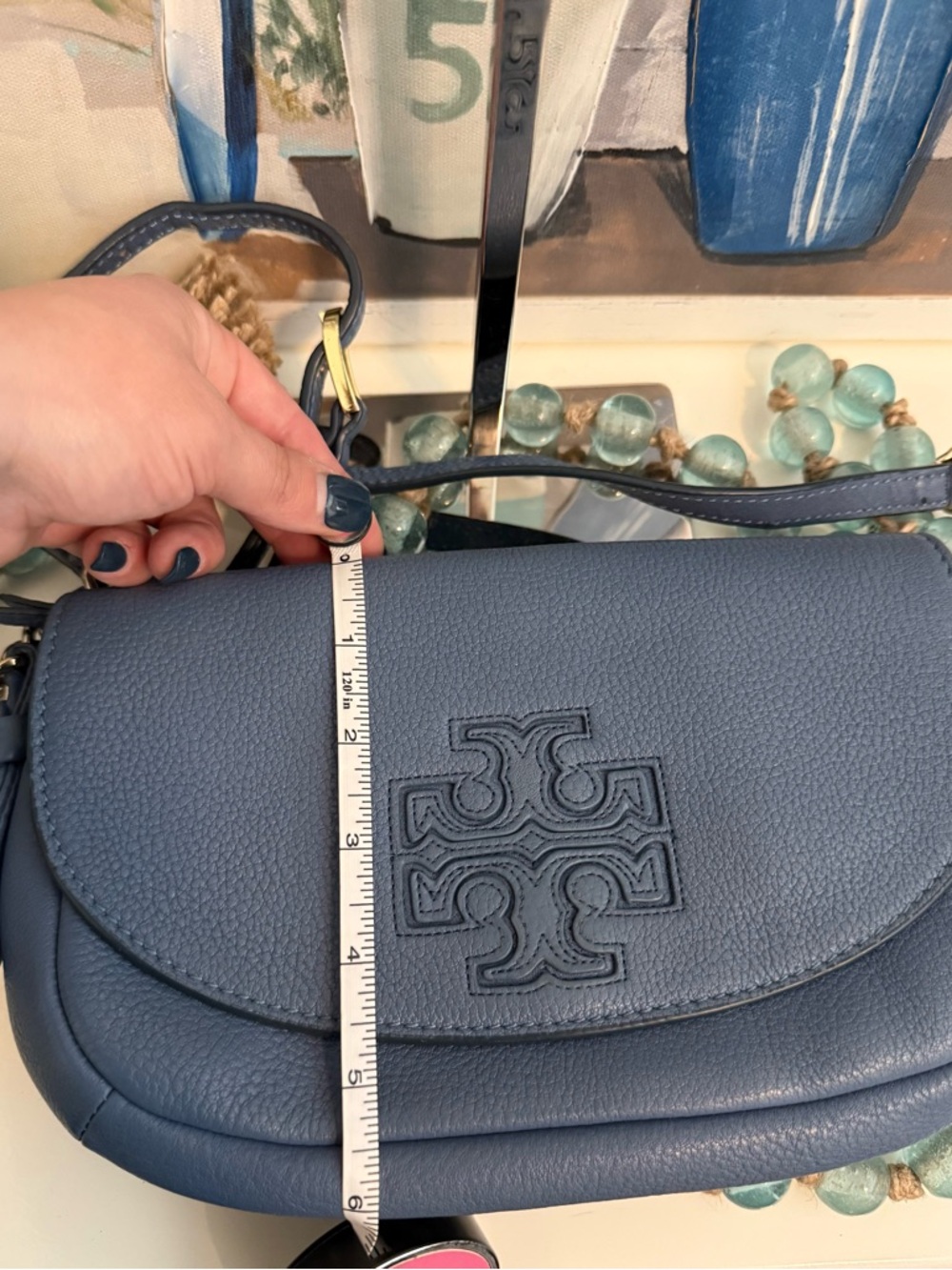 Tory Burch periwinkle blue Leather Logo Crossbody with silver Chain - Picture 7 of 7